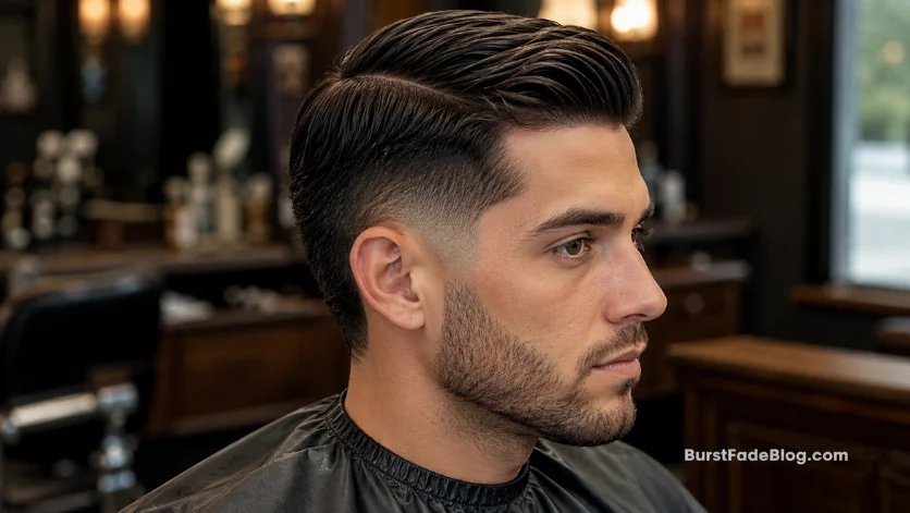 "Classic Burst Fade Comb Over haircut with clean side sweep and blended fade"