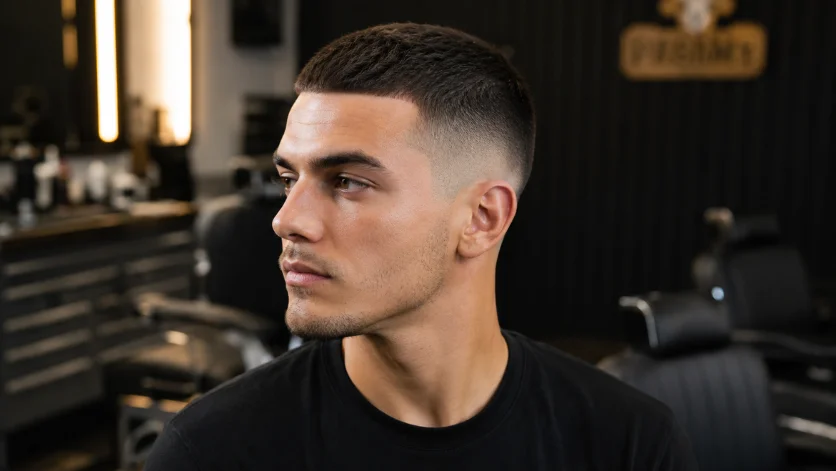 Classic burst fade crew cut haircut with clean textured top and perfectly blended mid fade in a modern barber studio.