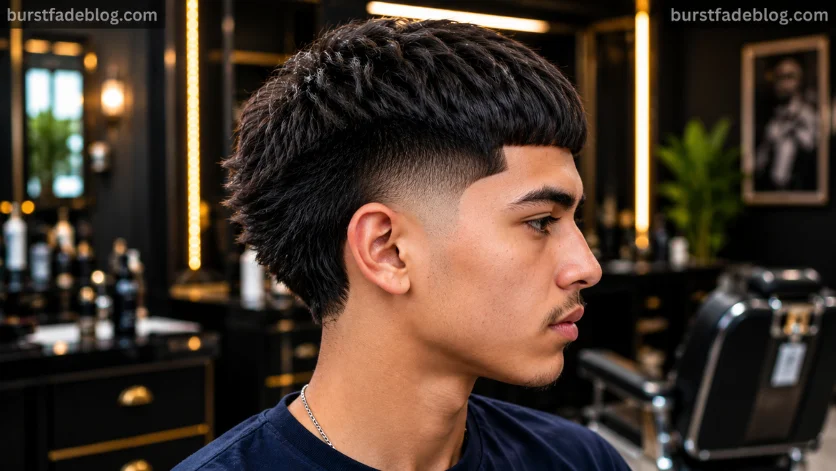 Classic Burst Fade Edgar haircut with clean blunt fringe and burst fade profile view