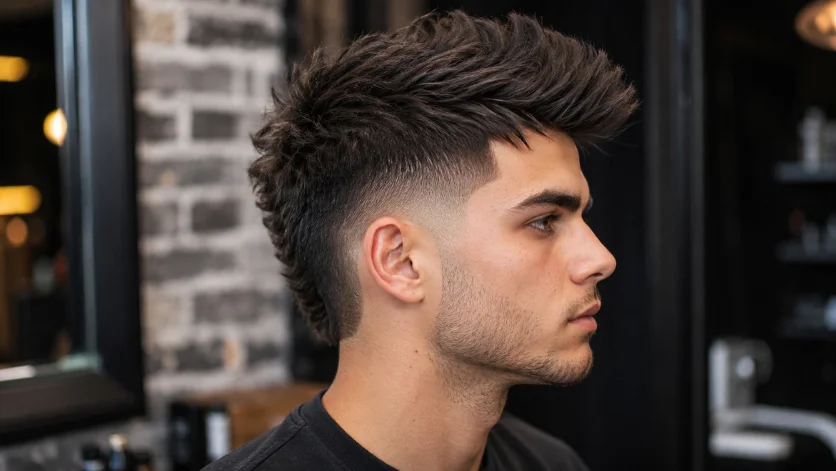 **Alt Text:**
Classic Burst Fade Faux Hawk haircut with textured top, clean burst fade around the ears, and modern masculine styling in a luxury barber shop.

