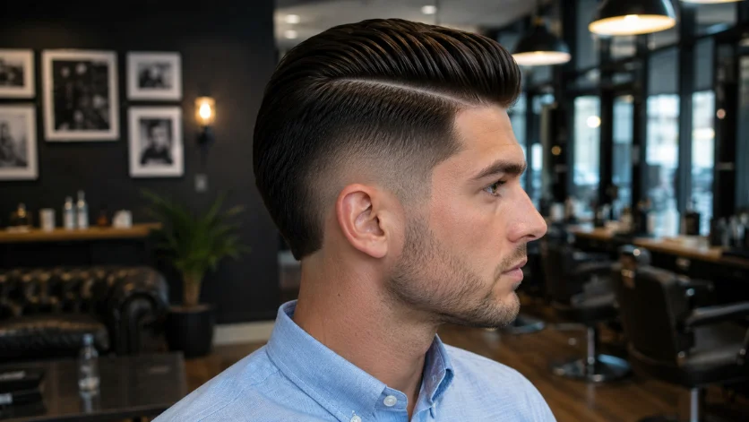 Classic Burst Fade Hard Part haircut with sharp hard part line, clean burst fade, side-combed dark hair, and modern barbershop background.