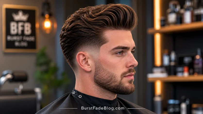 "Classic Burst Fade Pompadour haircut with clean fade and styled pompadour in a luxury barbershop."