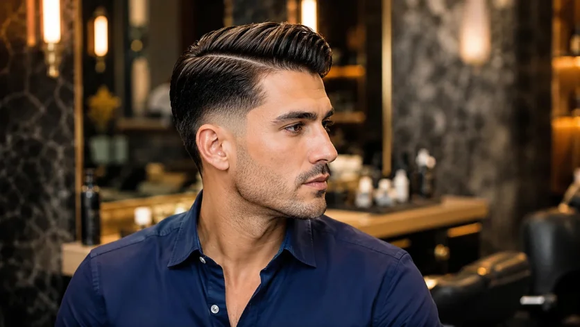 Classic burst fade side part haircut for men with clean side part and blended fade in a luxury barbershop.