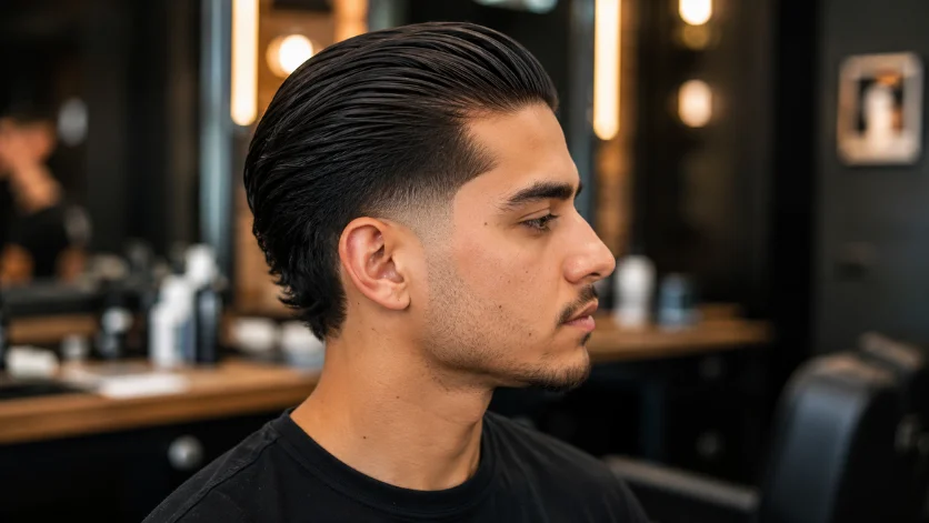 Classic burst fade slick back haircut with glossy slicked-back hair and clean mid fade in a modern barber shop.