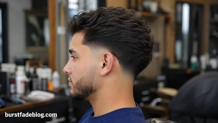 Classic Burst Fade Taper haircut with clean neckline taper and textured medium-length top, 
