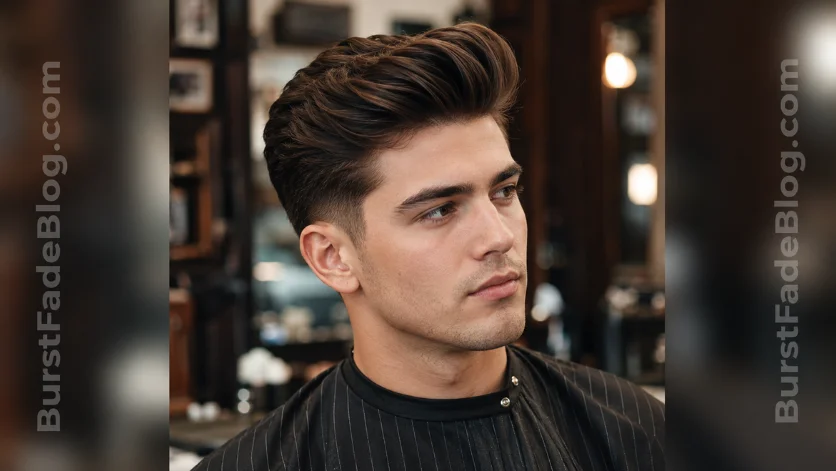 Classic Quiff Haircut for men featuring clean faded sides and a voluminous swept-back top, styled in a luxury barber shop with a modern gentleman look and natural hair texture.