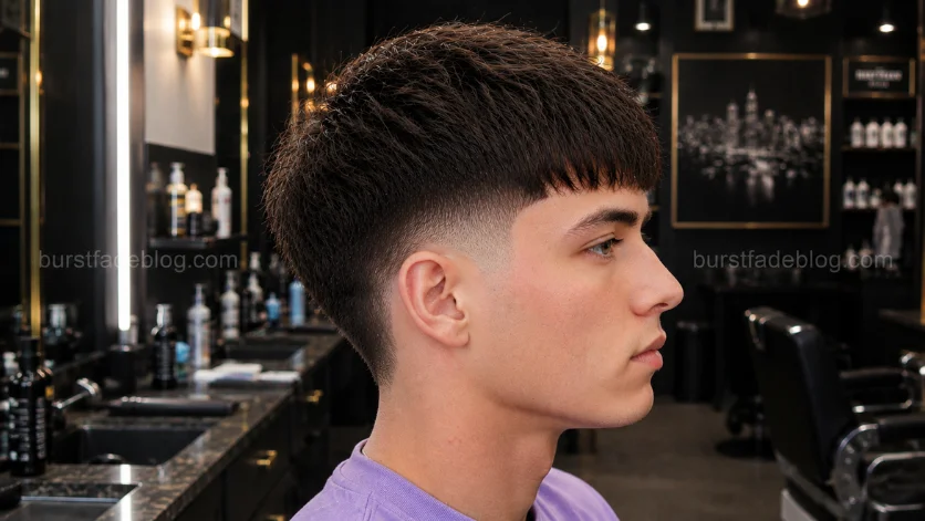Clean Burst Fade Edgar haircut with a neat finish and smooth burst fade on a Canadian male model.