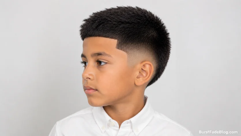 Clean cut burst fade haircut for kids with sharp edges and a polished finish.