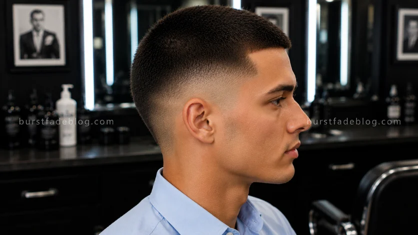 **Alt Text:**
Clean-Cut Professional Burst Fade Buzz Cut with a polished finish, neat burst fade, and sharp side profile in an executive-style barbershop setting.
