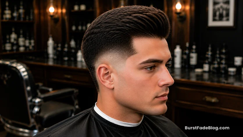 "Clean Shaven Burst Fade Comb Over haircut with sleek top and sharp fade"