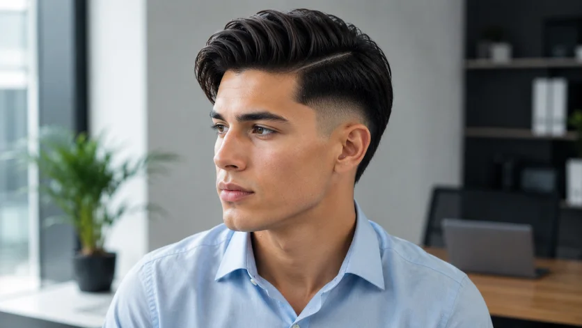Clean shaven burst fade side part haircut with polished styling, light blue dress shirt, and modern office background.