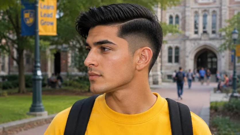College style burst fade side part haircut with clean fade, trendy styling, and yellow sweatshirt on a university campus.