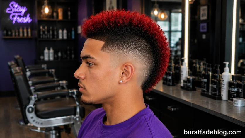 Colored Burst Fade Mohawk with vibrant red hair color, clean burst fade, 