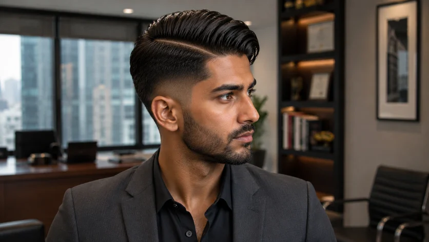 Comb Over Burst Fade Hard Part haircut with neatly combed-over top, precise hard part line, clean burst fade, and professional executive office background.