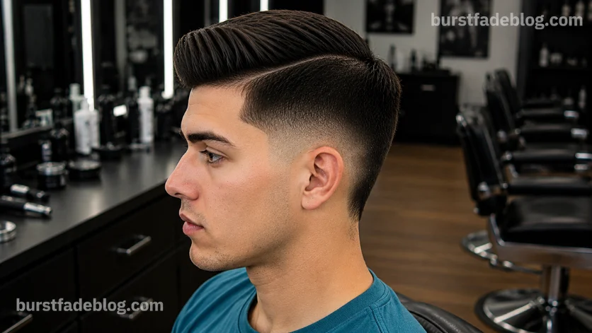 Comb Over Burst Fade Taper haircut with a defined side-swept top, 