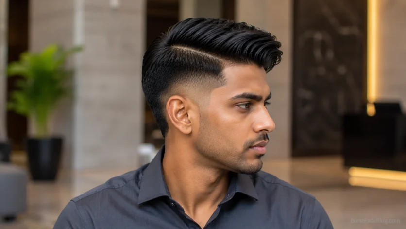 Comb Over Burst Fade haircut with side-swept comb over, defined part line, and clean burst fade in a professional business setting.