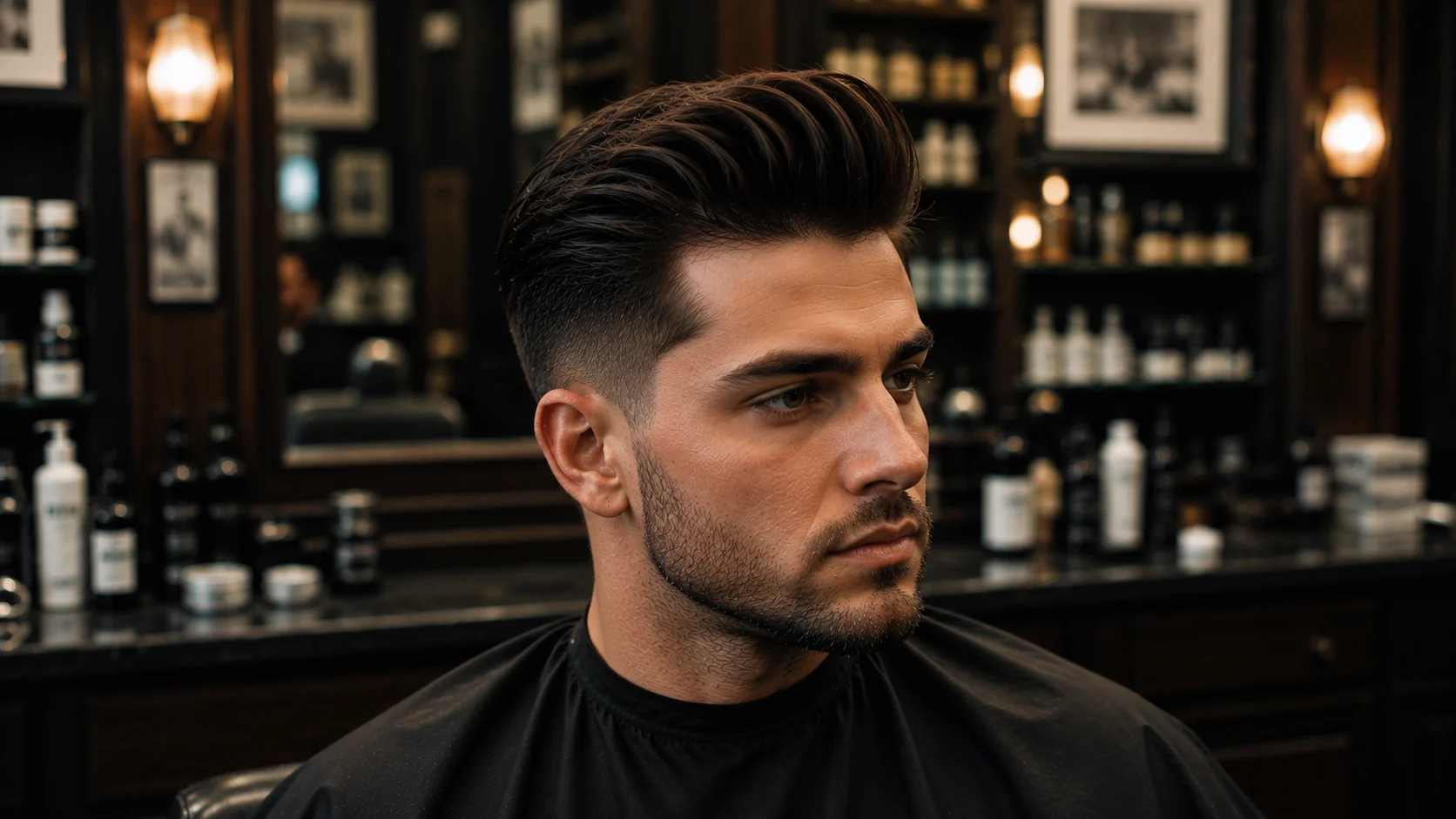 **SEO Optimized Alt Text:**
Comb over quiff haircut for men with side-swept volume, clean fade, and modern barber styling in a luxury barbershop.