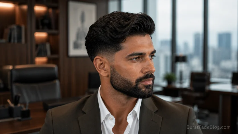 Comb-over wavy burst fade with soft side sweep.
