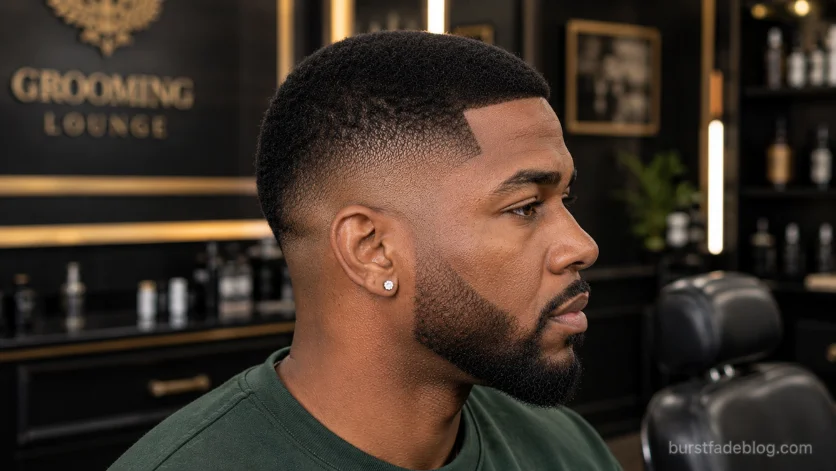 Crew cut burst fade on Black man with a clean fade blend, sharp lineup, and professional grooming style.