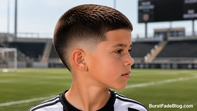 Crew cut burst fade haircut for kids with a short even top and clean faded sides.