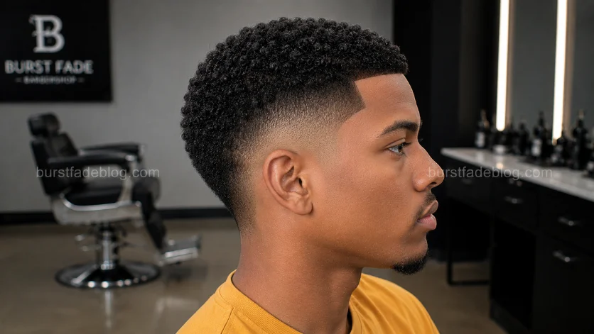 **Alt Text (SEO Optimized):**
Curly Burst Fade Buzz Cut haircut with short natural curls, clean burst fade, and sharp lineup on a young Black male in a professional barbershop.
