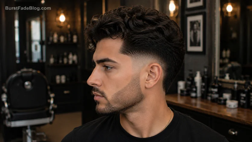 "Curly Burst Fade Comb Over haircut with defined curls and clean fade."