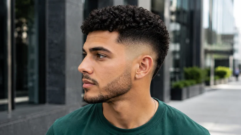Curly burst fade crew cut with defined curls and a clean burst fade.
