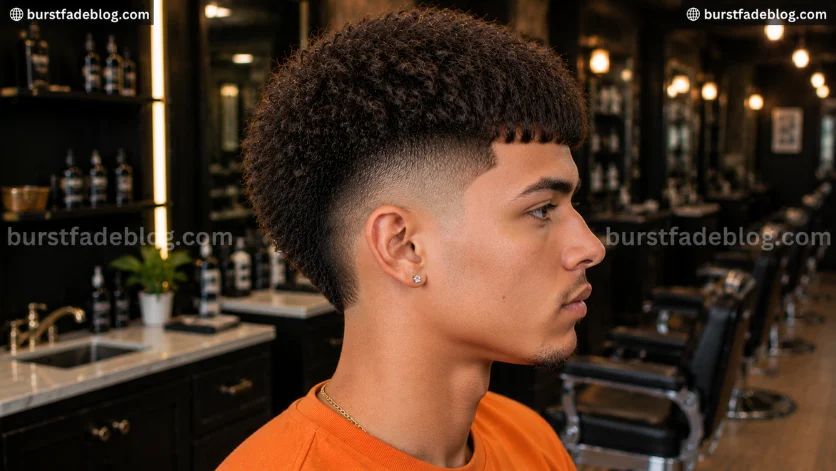 Curly Burst Fade Edgar haircut with defined natural curls and clean burst fade, right-side profile