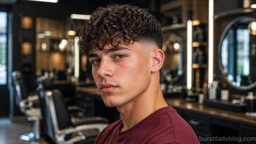 Curly Burst Fade Fringe haircut with defined curls, soft fringe, and clean burst fade in a modern barbershop.