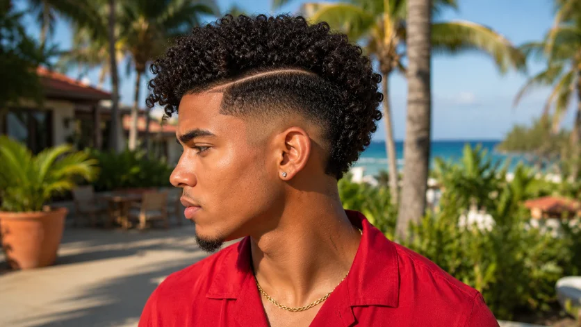 Curly Burst Fade Hard Part haircut with defined curls and sharp hard part.