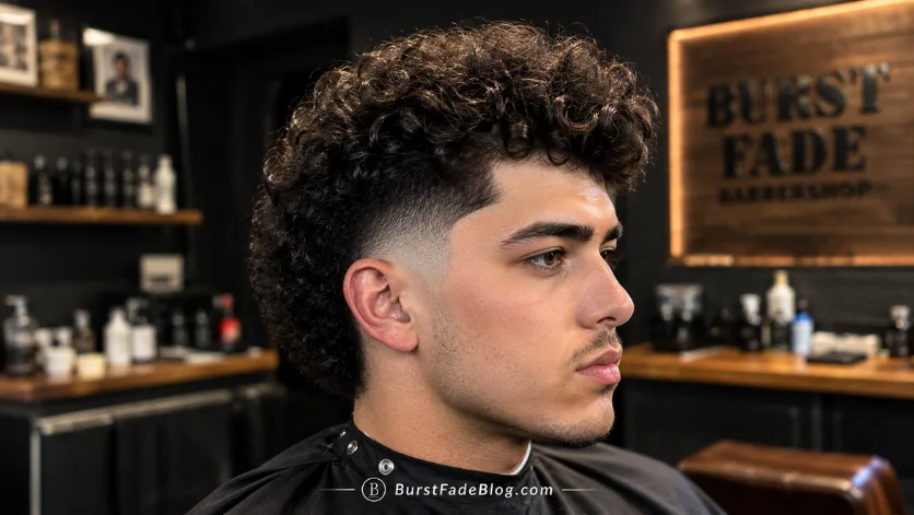 "Curly Burst Fade Pompadour haircut with natural curls and clean burst fade in a luxury barbershop."