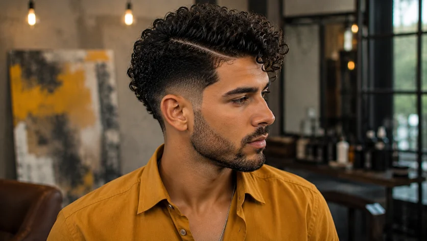 Curly burst fade side part haircut for men with defined curls and a clean burst fade in an artistic studio setting.
