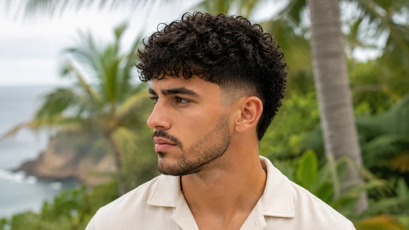 Curly Burst Fade Textured Crop hairstyle for men.