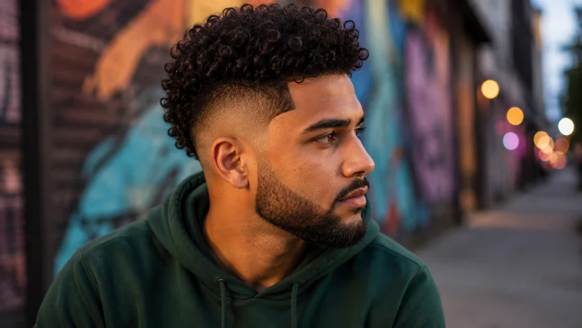  Curly burst fade undercut with defined natural curls
