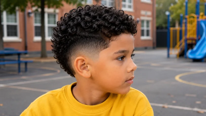 Curly burst fade haircut for kids with defined curls on top and clean faded sides.