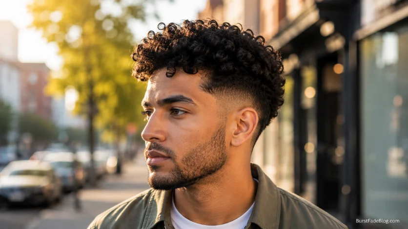 Curly burst fade for thick hair hairstyle
