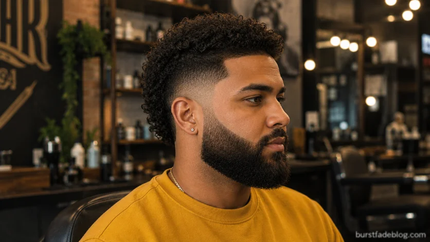 Curly Burst Fade with Beard featuring defined natural curls, a clean fade, and a thick beard in a modern barbershop.