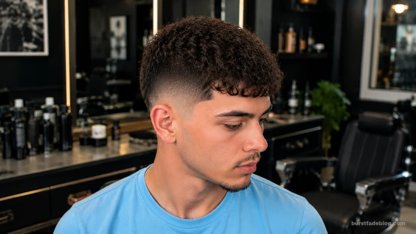 Curly Caesar Burst Fade haircut with defined curls and clean fade.