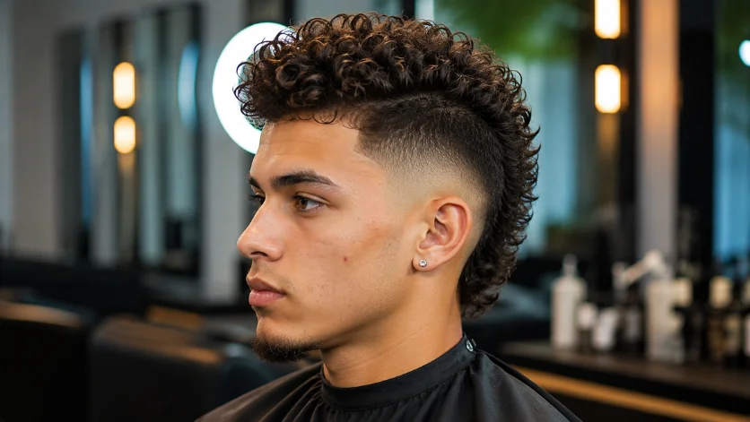 Curly Burst Fade Faux Hawk haircut with defined curls and sharp burst fade in a modern salon.