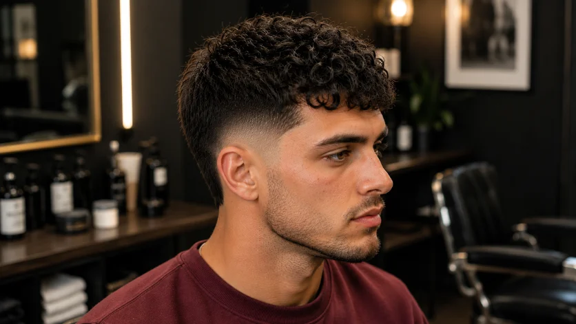 Curly French Crop Fade haircut with defined curls on top and sharp burst fade,