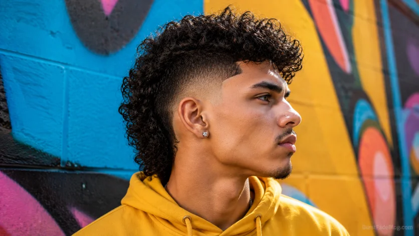 Curly Hair Burst Fade Mullet with natural curls, clean burst fade, and defined mullet hairstyle against a colorful mural background.