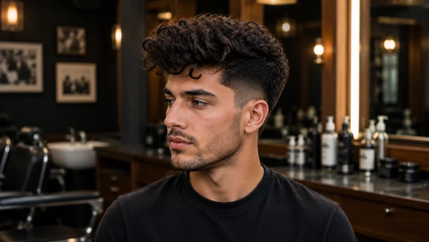 Curly quiff haircut for men with natural curls, enhanced texture, and a voluminous front in a luxury barbershop.