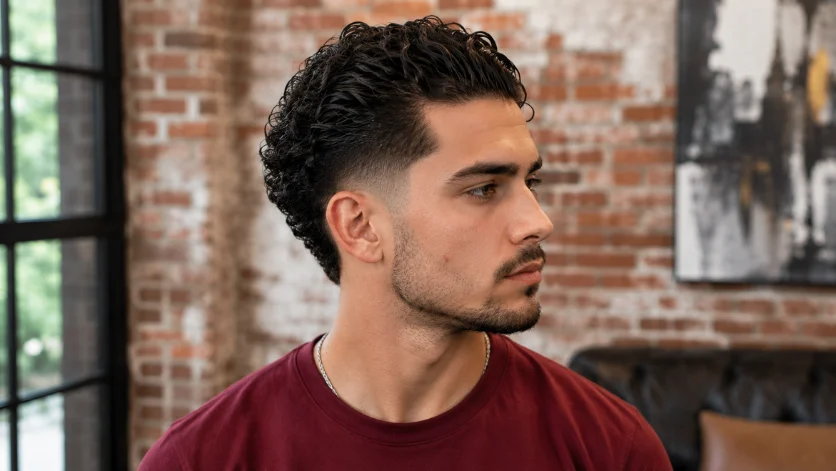 Curly slick back burst fade haircut with defined curls swept backward, sharp burst fade sides, and textured volume on top.