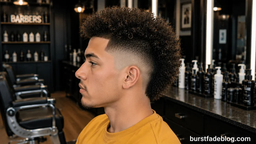 Curly Top Burst Fade Mohawk featuring defined natural curls, a sharp burst fade, 