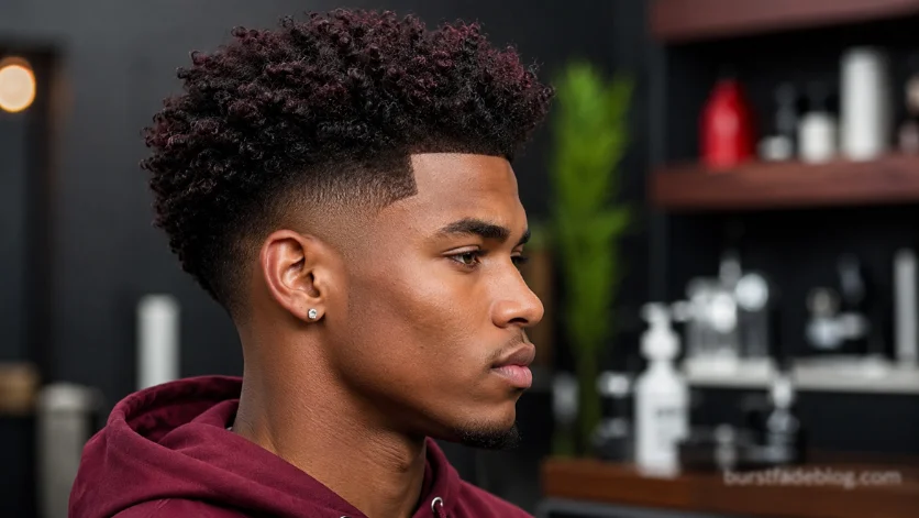 Curly Top Burst Fade haircut for Black men with defined natural curls, clean burst fade around the ears, and high-volume textured top.