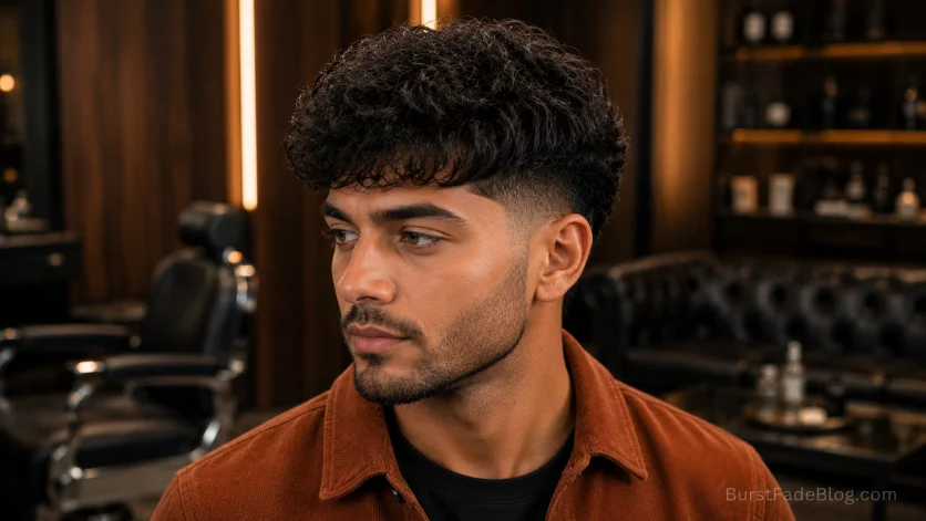  Curly-wavy burst fade with natural textured volume.