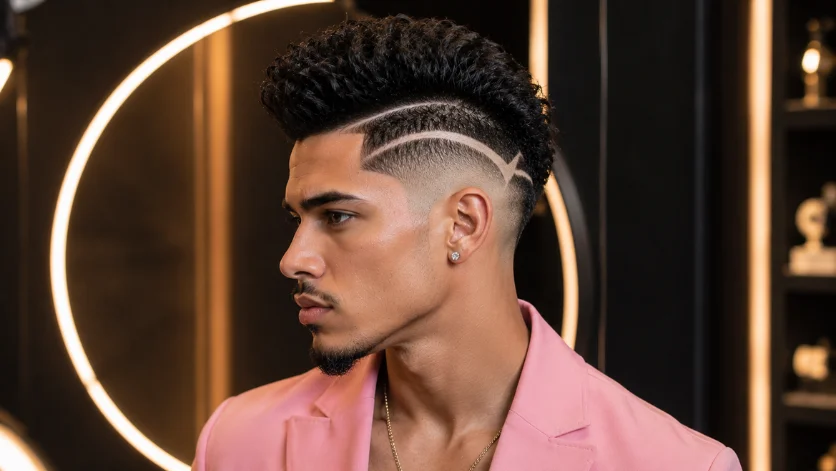 Designer Burst Fade Hard Part haircut with creative fade design and custom hard part.