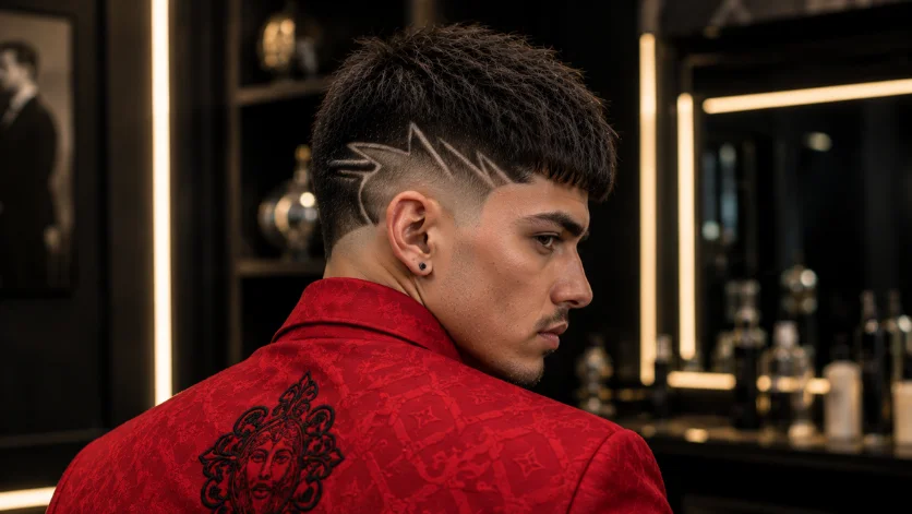 Designer Burst Fade Textured Crop hairstyle for men with artistic razor design and textured top