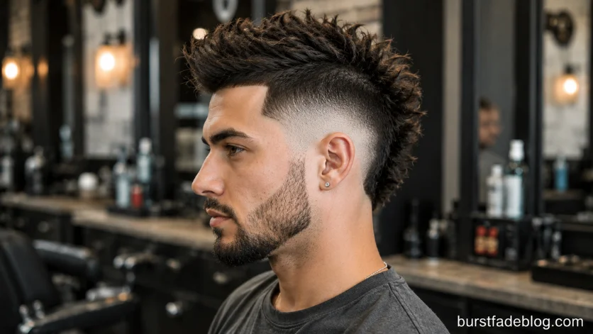 Disconnected Burst Fade Mohawk haircut with dramatic contrast, sharp disconnected sides, and a bold mohawk top, 