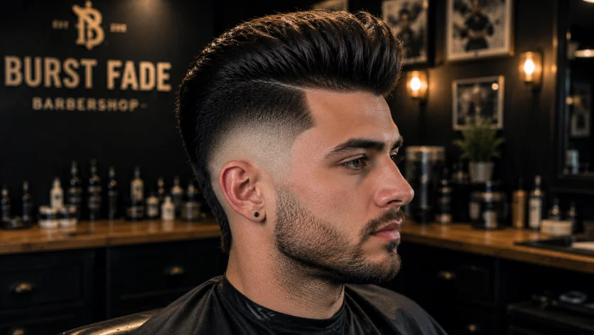 "Disconnected Burst Fade Pompadour haircut with sharp contrast between top and sides in a modern barbershop."
